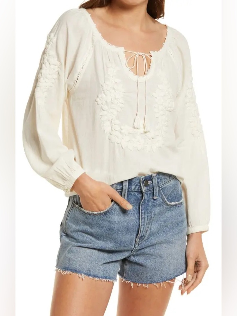 Faherty Laura Embroidered Peasant Top Whisper White Organic Cotton XL